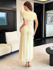 Modelyn Vestido elegante con volantes y lazo en la espalda de gasa amarillo pálido, vestido de novia maxi de estilo francés elegante para mujeres - Amarillo claro - Ver 2