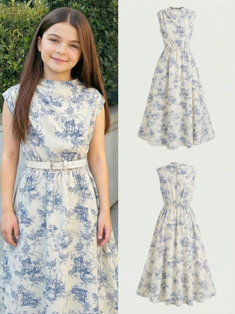Firerie Kids Firerie Kids 少女優雅米色夏季A字洋裝,立領荷葉邊飾腰帶裝飾,母親節畢業派對返校時尚度假穿搭 - 藍白色 - 查看 1