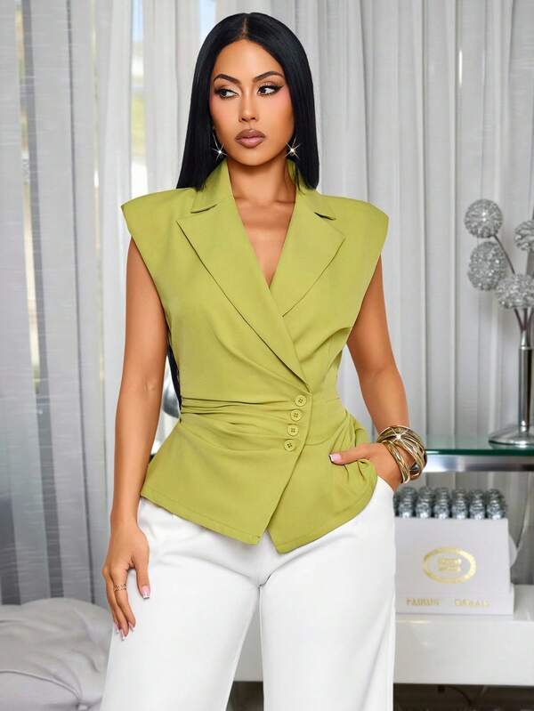 SOLERSUN Áo vest blazer tay ngắn màu xanh lá cây nhạt dành cho nữ, dáng ôm eo, cài khuy bất đối xứng, chi tiết buộc dây phía sau, phong cách công sở thanh lịch, áo vest blazer màu xanh lá cây nhạt thời thượng dành cho nữ, thắt eo ôm sát, áo vest blazer tay ngắn thanh lịch, nơ phía sau, phong cách công sở tối giản, áo vest blazer tay ngắn xếp ly peplum với nơ lớn phía sau, áo khoác công sở mùa hè dành cho nữ, thắt eo, dáng ôm sát, phong cách quyền lực tối giản.
