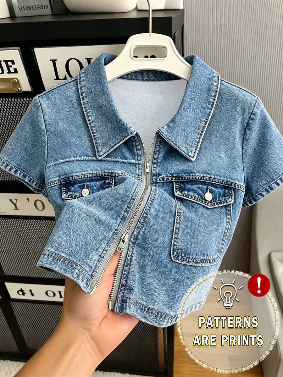 SHEIN 女士休闲拉链翻领口袋短袖上衣,夏季 - 霧霾藍 - 查看 1