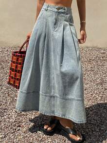 Livesso Vintage Washed Blue Loose Casual Street Outdoor A-Line Pleated Design Women Denim Skirt, Suitable For Summer, Spring, Autumn - Light Wash - View 7