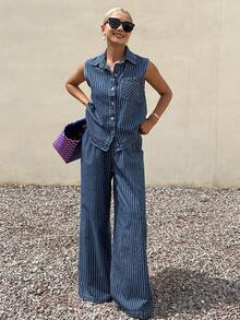 Livesso Bộ đồ denim hai mảnh màu xanh dương cổ điển mùa xuân hè dành cho nữ, gồm áo gile và quần ống đứng, thích hợp cho công sở, du lịch hoặc đi làm. - Rửa trung bình - Xem 8
