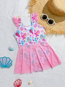 SHEIN Young Girl Summer Beach Ruffled Vacation Cute Cartoon Mermaid Print Spaghetti Strap Ruffled Mesh Skirt One-Piece Swimsuit - Pink - View 2