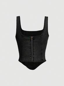 SHEIN MOD 女款純色方領休閒不對稱下擺牛仔上衣，適合夏季 - 黑色 - 查看 2