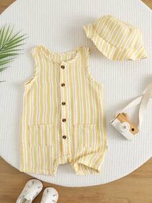 SHEIN Bộ 2 món cho bé sơ sinh, áo liền quần và mũ kẻ sọc dễ thương, kiểu dáng thường ngày, thích hợp cho bé trai hoặc bé gái, thích hợp mặc mùa hè. - Nhiều màu - Xem 1