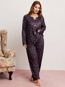 Elorette Conjunto de pijama de manga larga con estampado de corazón, volantes acanalados y lazo para mujer de talla grande, ropa de otoño e invierno para curvas - Negro - Ver 4