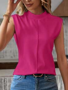 Easowa Camiseta sin mangas casual y simple de unicolor para mujer - Rosa Fucsia - Ver 3
