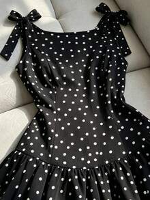 SHEIN Franclia 女士黑白波点迷你连衣裙，无袖系肩蝴蝶结连衣裙，方领修身A字荷叶边短款连衣裙，休闲夏季可爱派对连衣裙 - 彩色 - 查看 4