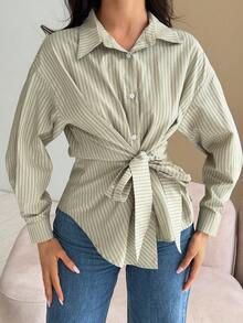 DAZY Camisa a rayas con cintura ceñida asimétrica para mujer, blusa de lino elegante de manga larga para ir a trabajar, primavera y verano - Verde - Ver 8