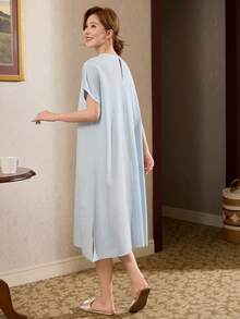 DAZY Women's Solid Color Pleated Casual Everyday Dress Summer Pajamas - Blue - View 2