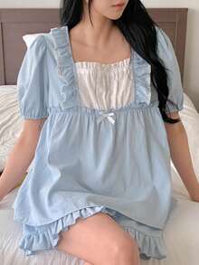 DAZY Bộ đồ ngủ nữ ngọt ngào với bèo nhún, phối màu tương phản, cổ vuông, tay áo cánh hoa, thích hợp cho mùa hè. - Màu xanh lam - Xem 11