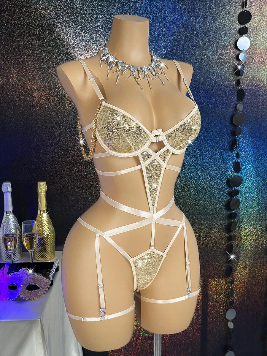 MidnightGlam 一套女士性感连体衣+腿套,女士性感内衣,成人款,蜜月,火辣,约会之夜,蕾丝性感内衣,连体衣,内衣套装,性感套装 - 金色 - 查看 1