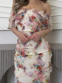 Jemour Elegant Romantic Ruffle Off Shoulder Cinched Waist Bodycon Mesh Floral Dress For Women Party - Multicolor - View 4