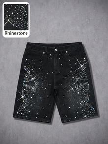 Manfinity LEGND Men's Gothic Street Style Cross Rhinestone Decor Loose Washed Black Denim Shorts - Black - View 3