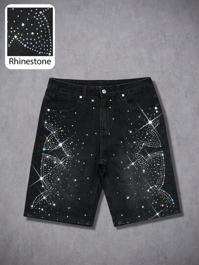 Manfinity Denimwave Men's Gothic Street Style Cross Rhinestone Decor Loose Washed Black Denim Shorts
