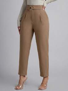 PETITE Pantalones negros casuales de cintura alta con detalles plisados y cinturón - Marrón Mocha - Ver 5