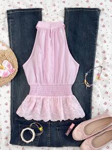Flirla Women's Casual Fashion Everyday Versatile Party Commute Embroidered Floral Lace Patchwork Waist Gathered Sleeveless Pink Blouse, Spring/Summer - Pink - View 2