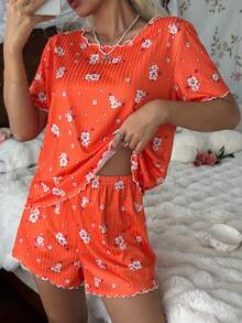 CottageSlumber Conjunto de pijama de manga corta y pantalones cortos de punto acanalado con estampado floral para mujer - Naranja - Ver 6