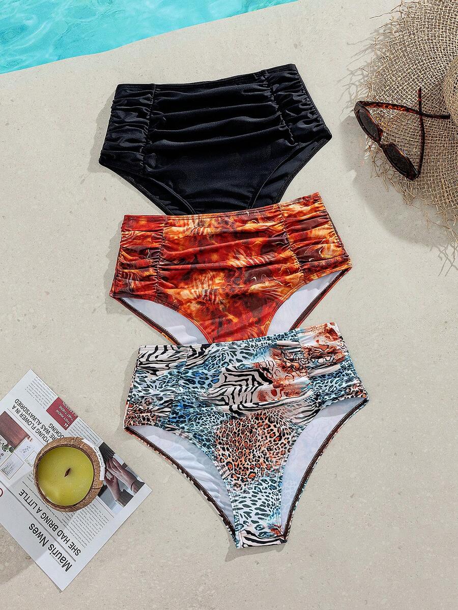 SHEIN Swim Swim Lushore-D 女款夏季復古高腰抓皺豹紋 & 暖色調紮染對比黑泳褲,修身收腹海灘度假泳裝下身 - 彩色 - 查看 1