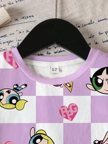 THE POWERPUFF GIRLS X SHEIN 女童休闲格子卡通印花T恤，夏季 - 白色 - 查看 3