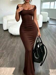 INAWLY Solva Women's Fashionable Versatile Ruched Bodycon Fishtail Hem Dress - Coffee Brown - View 2
