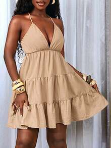 BamGleam Solid Color Tie-Up Backless Halter Layered Dress - Khaki - View 3