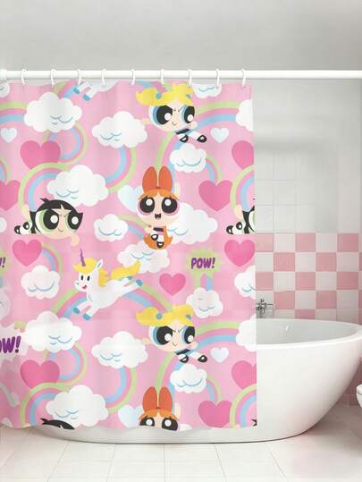 THE POWERPUFF GIRLS X SHEIN 1 件装，卡通女孩图案防水浴帘，适用于带挂钩的浴室隔断帘，家用浴室装饰帘，四季通用浴帘