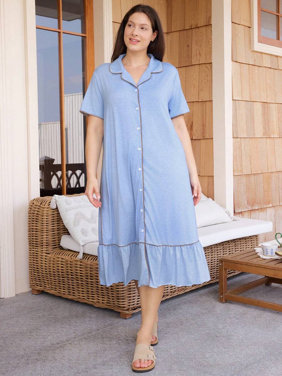 Doze Lane Áo ngủ cỡ lớn, kiểu dáng thường ngày, chất liệu cotton, nhiều màu sắc, cổ áo viền tương phản, mở phía trước, vạt áo xếp ly, tay ngắn. - Nhiều màu - Xem 1