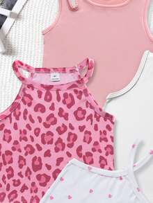 SHEIN Genkimix Kids 4件装少女夏季休闲时尚日常通勤纯色、豹纹、爱心印花吊带衫 - 彩色 - 查看 5