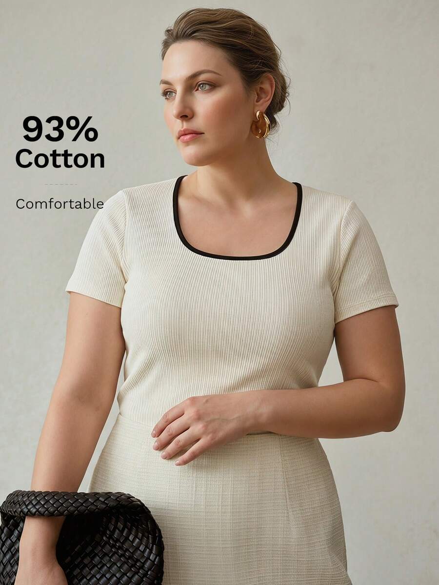 MOTF PREMIUM Áo thun ngắn tay bằng vải cotton gân, kiểu dáng thanh lịch, đa năng, phối màu đen trắng, cổ chữ U, dành cho nữ. - Đen và trắng - Xem 1
