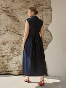 MOTF PREMIUM Đầm denim tay ngắn cổ bẻ cho nữ cỡ lớn, thích hợp mặc hàng ngày/hẹn hò, không kèm thắt lưng, mùa xuân/hè. - Màu xanh lam - Xem 4