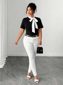 Elenzga Plus Size Women's Summer New Black & White Contrast Bow Tie Strap Slim Fit Elegant Short Sleeve T-Shirt, Suitable For Casual, Commuting, And Dating - Black and White - View 6