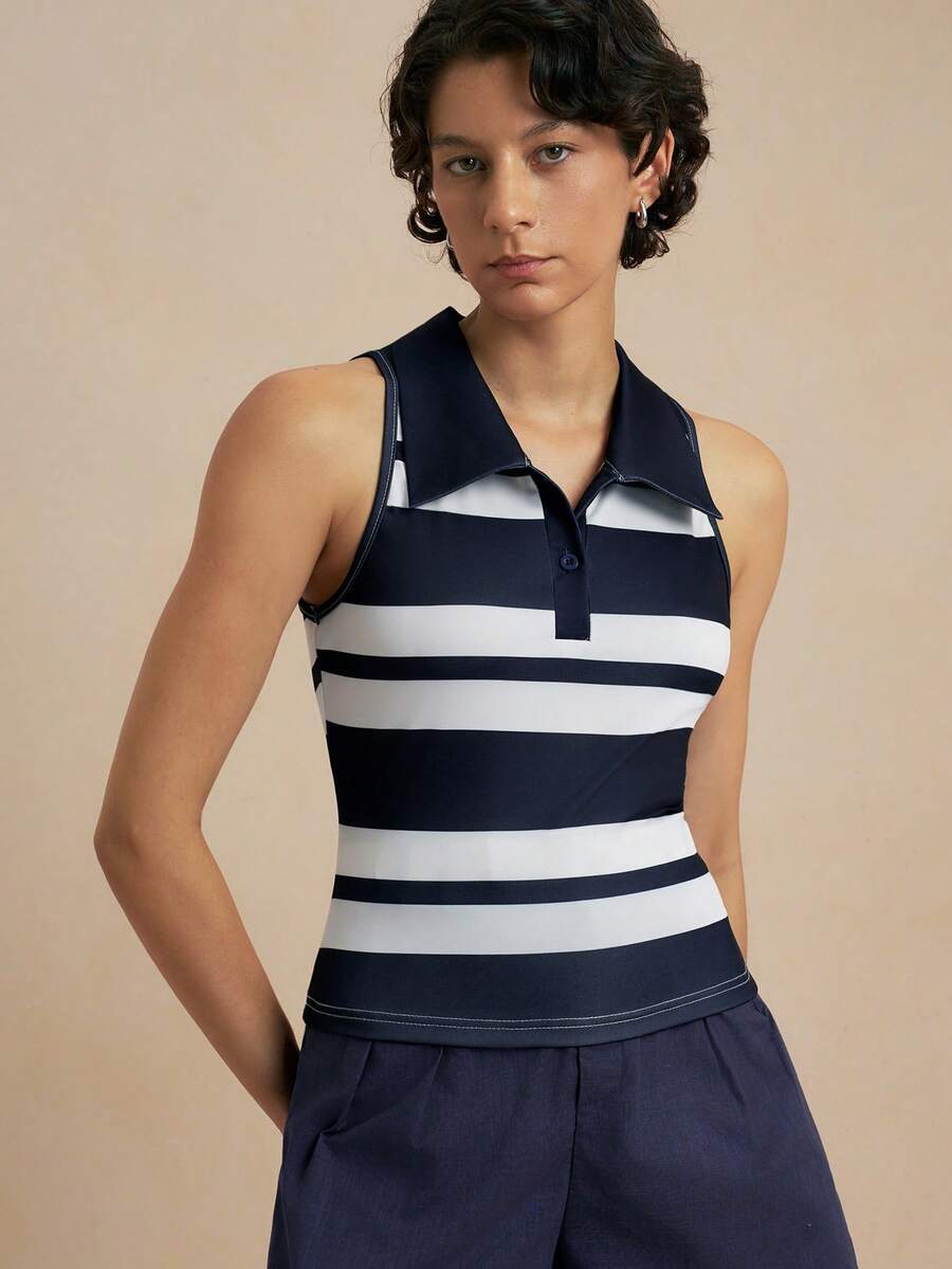 Nima Coro Women's Summer Sleeveless Navy And White Tank Top, Collared Casual Camisole Back-To-School Tennis - Multicolor - View 1