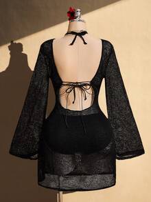 SHEIN ICON 大码女式纯色圆领喇叭袖性感连衣裙 - 黑色 - 查看 1
