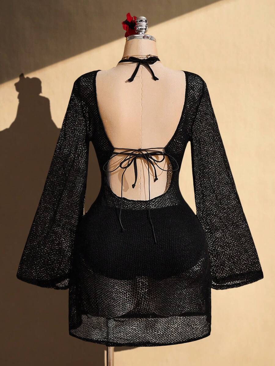 SHEIN ICON 大码女式纯色圆领喇叭袖性感连衣裙 - 黑色 - 查看 1