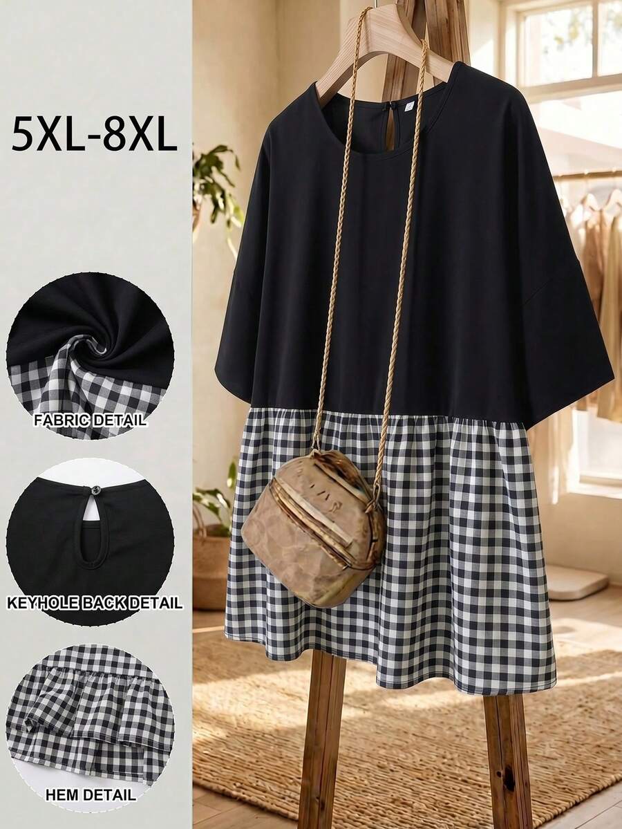 SHEIN CURVE+ 大码女装春夏时尚休闲宽松舒适日常百搭修身面料黄色短袖衬衫,简约风格,凸显曲线,可爱上衣,外出上衣,女士衬衫,欧洲夏季,荷叶边上衣,女士早午餐秋季服装,冬季,CURVE PLUS - 黑與白 - 查看 1