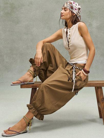 Bohemela Women's Loose Solid Color Woven Pants, Spring/Summer