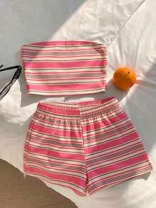 Comfortcana Conjunto de top bandeau y shorts a rayas de contraste vintage para mujer, adecuado para la playa, la calle, el aeropuerto y el uso en casa - Multicolor - Ver 7