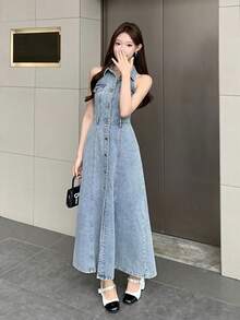 DAZY 女士休闲度假风前扣无袖牛仔连衣裙，春夏女式连衣裙 - 藍色 - 查看 7