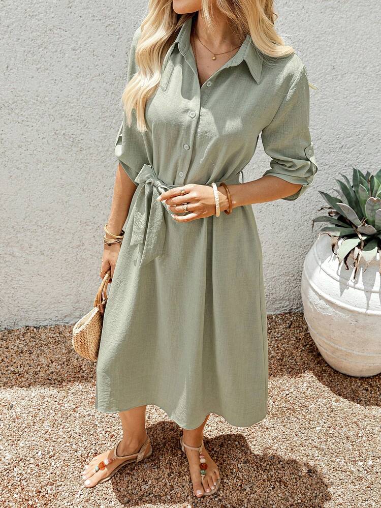 Women's Casual Solid Color Belted Mid-Length Dress