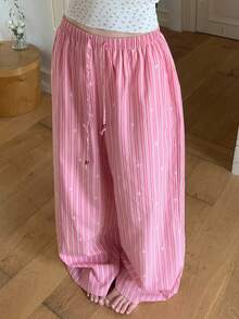 DAZY Pantalones de pijama de pierna ancha con cordón en la cintura, estilo casual y relajado para mujer - Rojo - Ver 8