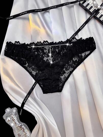 1pc Women's Lace Rhinestone Decorated Sexy Thong Panty