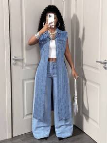 Slaydiva Summer New Washed Blue Denim Loose Jacket - Blue - View 4