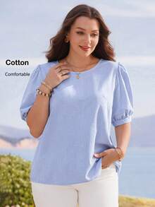 Rosumi Áo kiểu nữ cỡ lớn mùa hè, cổ tròn, tay cánh hoa, kẻ sọc xanh trắng. - Xanh và trắng - Xem 3