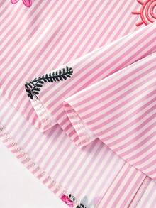 GlowEve Loose Short Sleeve Collared Shirt With Cuff Turnup, Striped Faux Embroidered Floral Pattern For Women - Pink - View 5