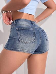 Jeanoix Quần short denim nữ dáng ôm, đa năng, thích hợp mặc hàng ngày đi làm, màu xanh denim bạc, mùa hè. - Rửa nhẹ - Xem 3