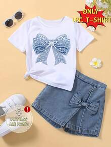 Blue And White Stripe, Summer, Cute, School, Back-To-School Tween Girls Fresh Bow Decor Pattern Print Basic Short T-Shirt, Casual Creative Personalized Minimalist - White - View 7
