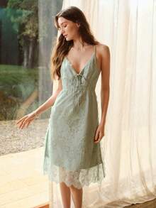 MOTF PREMIUM WOMEN'S CONTRAST LACE SPLIT CAMI SLEEP DRESS - Green - View 6