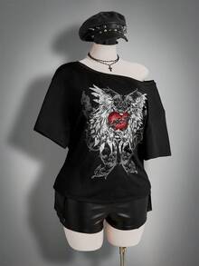 SHEIN ICON 大码女式哥特图案印花宽松不对称肩部T恤，街头服饰 - 黑色 - 查看 8