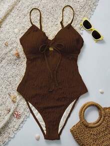 Swim Vcay Women's Textured Fabric Front Drawstring One-Piece Swimsuit, Suitable For Summer Beach Vacation - Brown - View 5